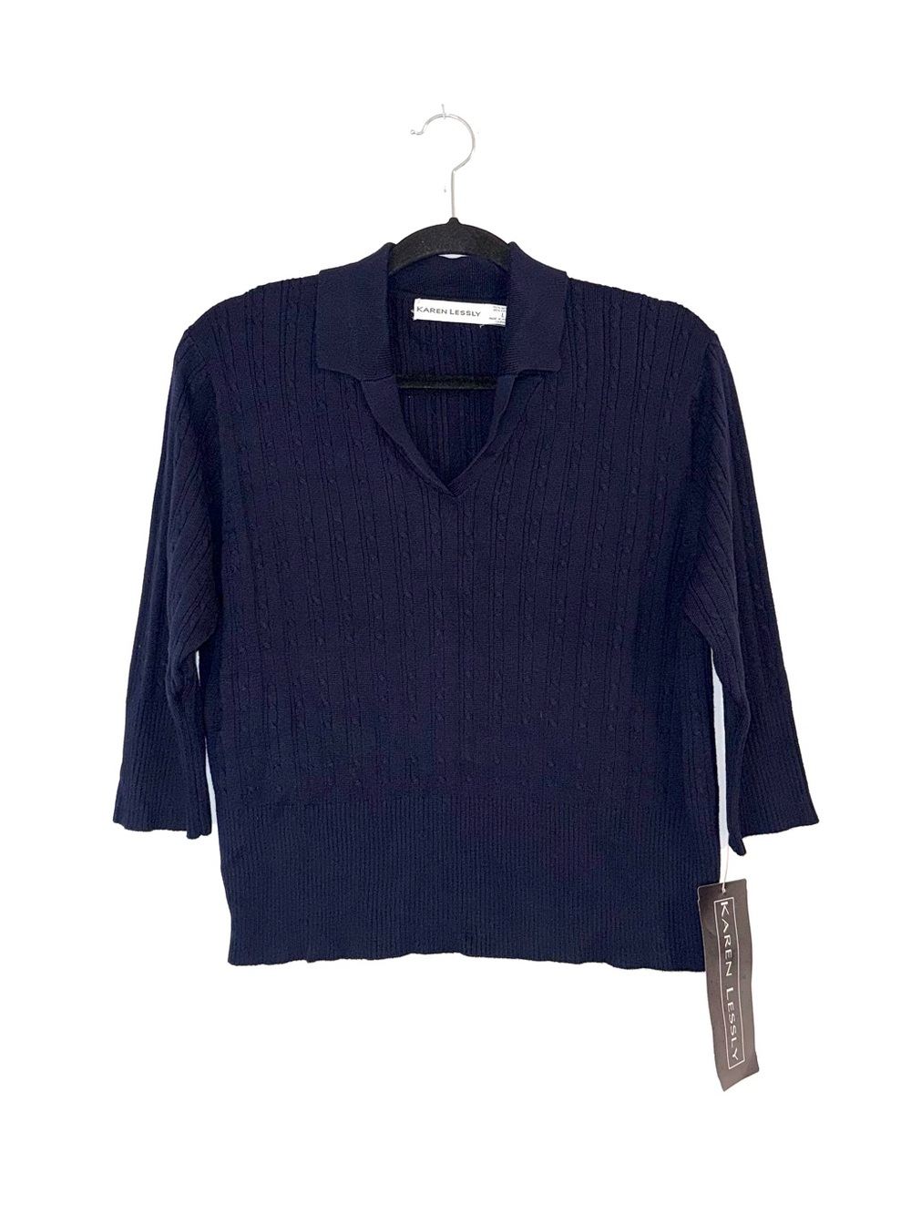 NWT Karen Lessly Navy Blue Ribbed Cable Knit 3/4 Sleeve V-Neck Collared Sweater